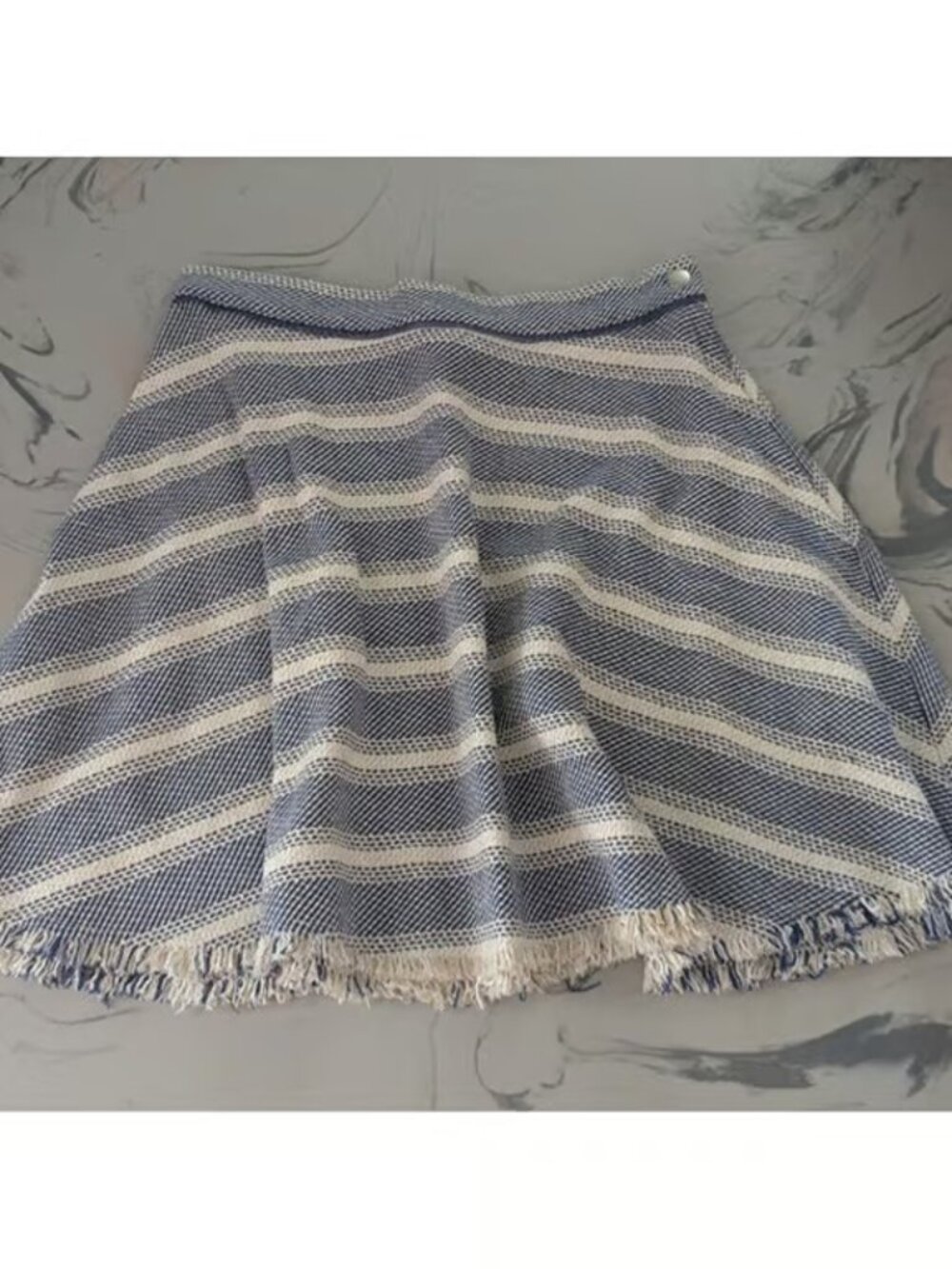 Greylin Womens Striped Blue & White Fringe Hem A-Line Skirt Size Small